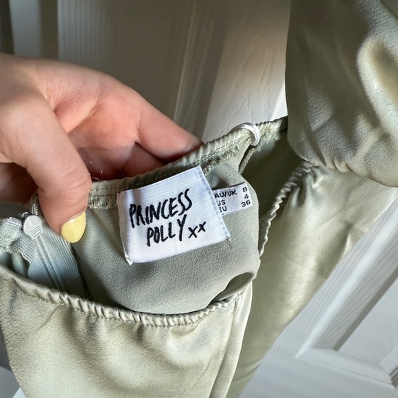 PRINCESS POLLY Jemma Mini Dress Sage Green Satin Silky Cutout Cowl Neck Dress 4 - Picture 4 of 7